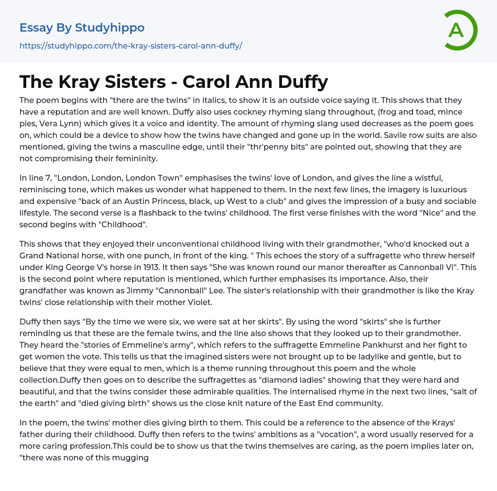 The Kray Sisters – Carol Ann Duffy Essay Example