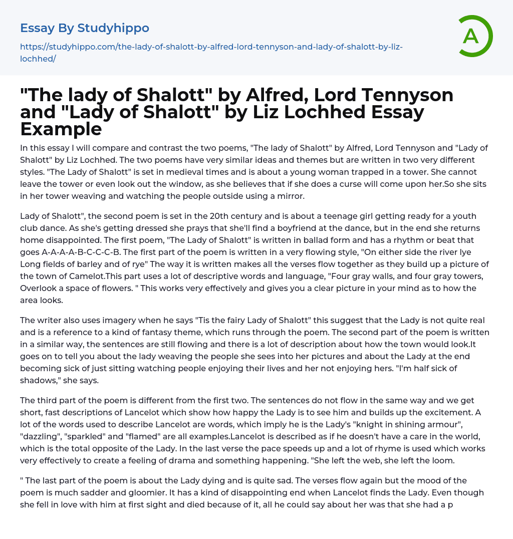 “The lady of Shalott” by Alfred, Lord Tennyson and “Lady of Shalott” by Liz Lochhed Essay Example