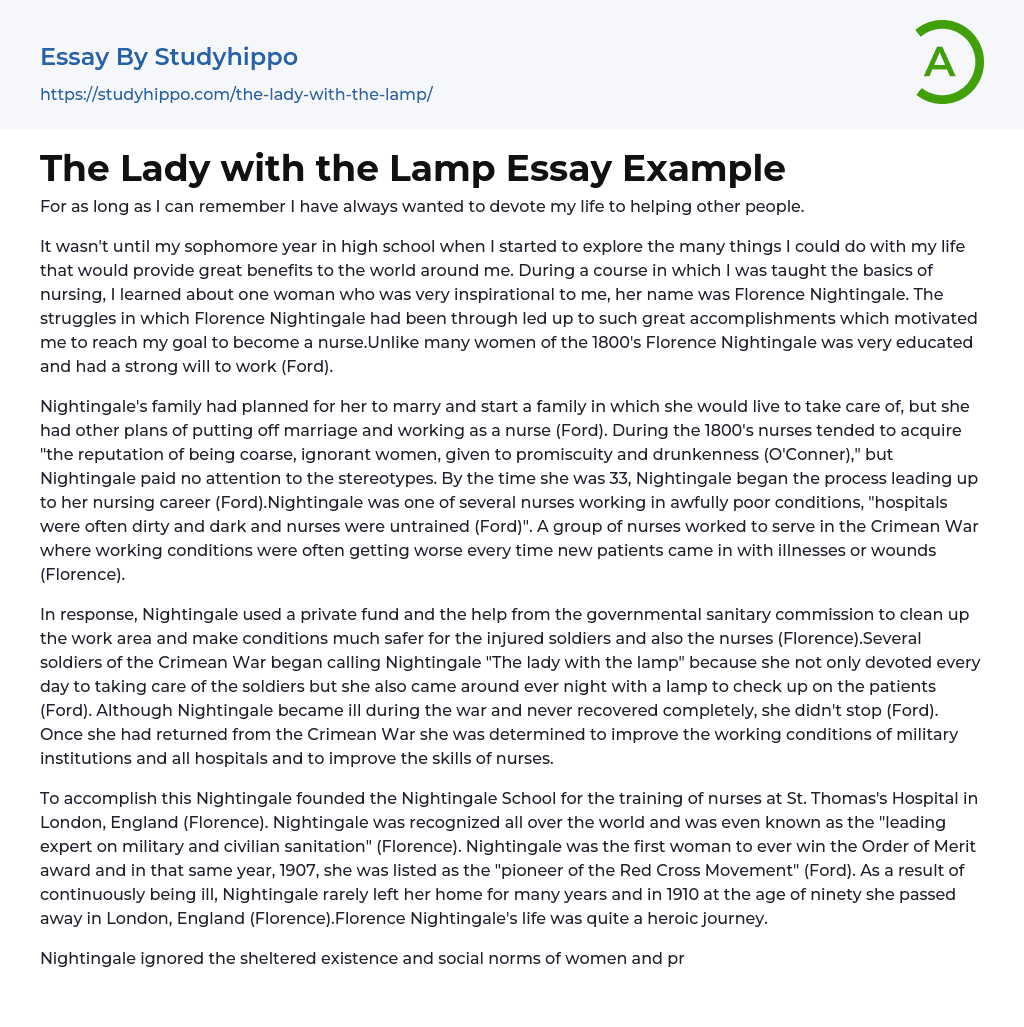 The Lady with the Lamp Essay Example