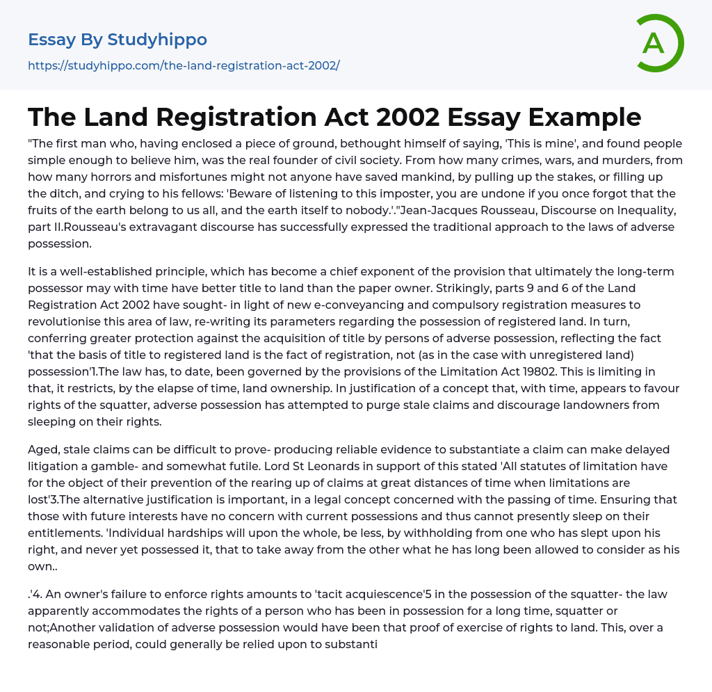 The Land Registration Act 2002 Essay Example