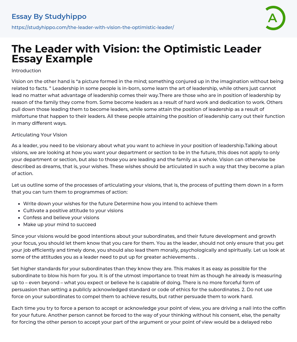 The Leader with Vision: the Optimistic Leader Essay Example