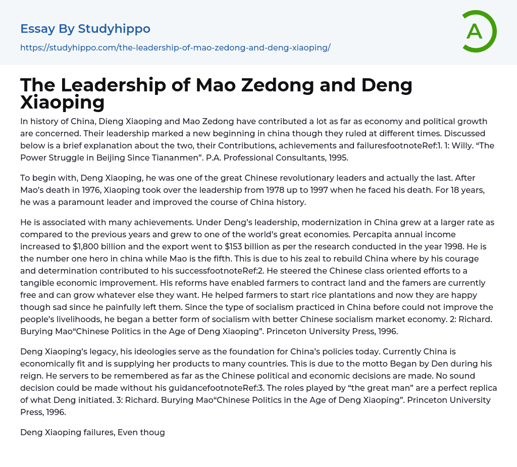 The Leadership of Mao Zedong and Deng Xiaoping Essay Example