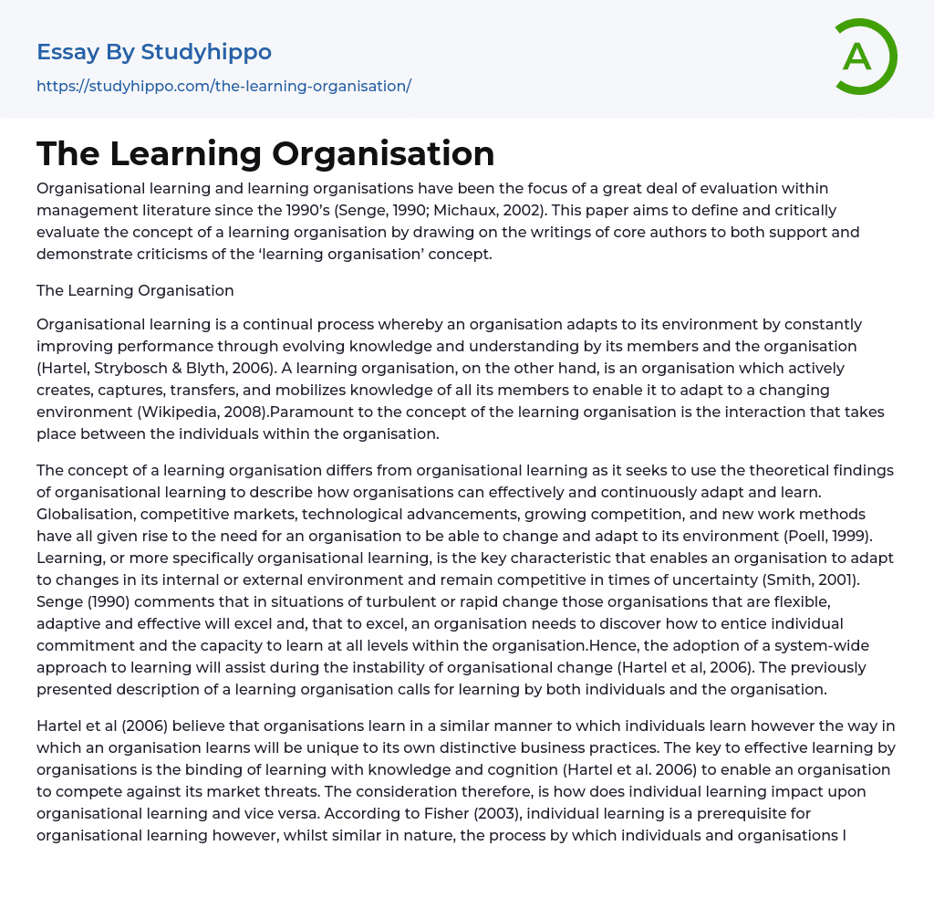 The Learning Organisation Essay Example