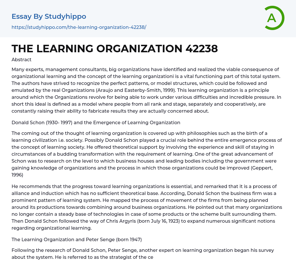 THE LEARNING ORGANIZATION 42238 Essay Example