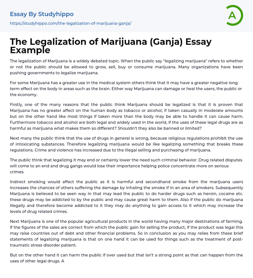 The Legalization of Marijuana (Ganja) Essay Example