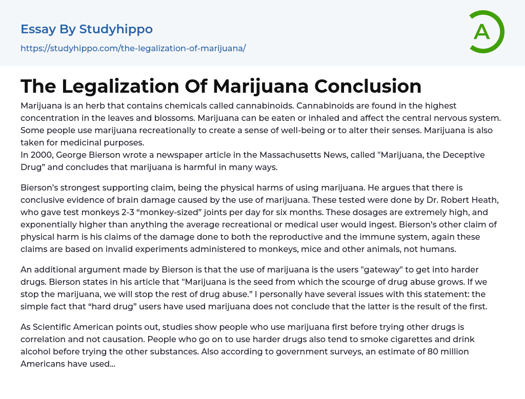 The Legalization Of Marijuana Conclusion Essay Example