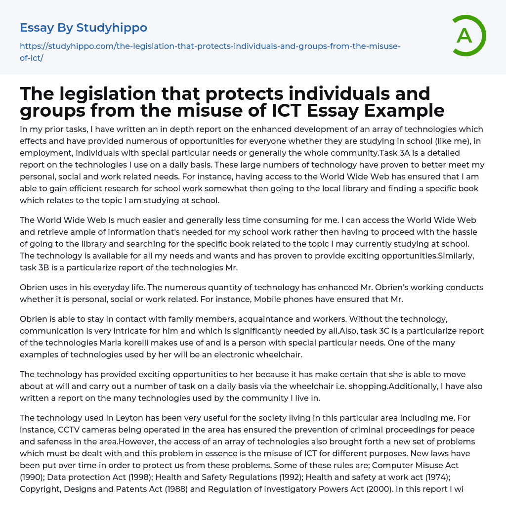 The legislation that protects individuals and groups from the misuse of ICT Essay Example
