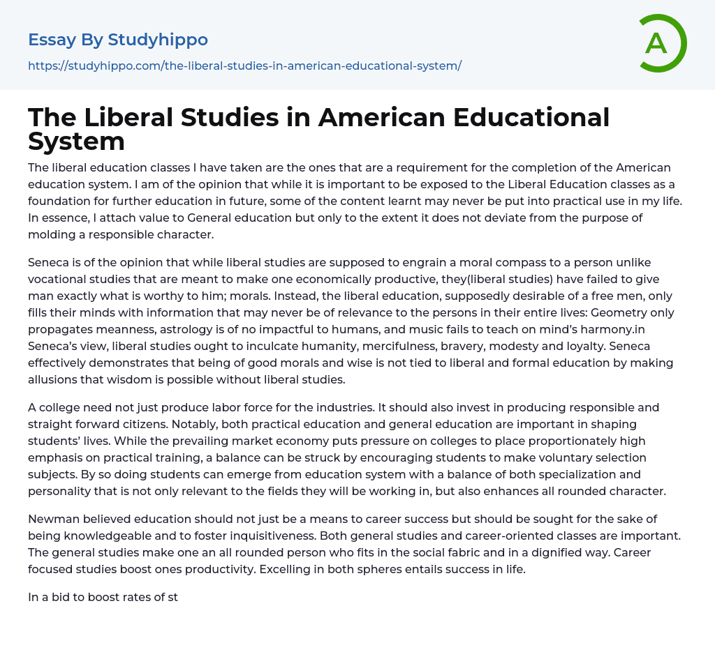 The Liberal Studies in American Educational System Essay Example