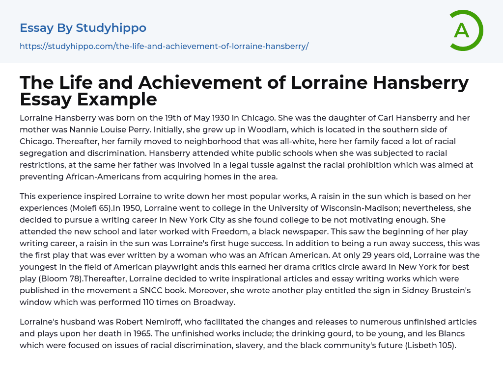 The Life and Achievement of Lorraine Hansberry Essay Example