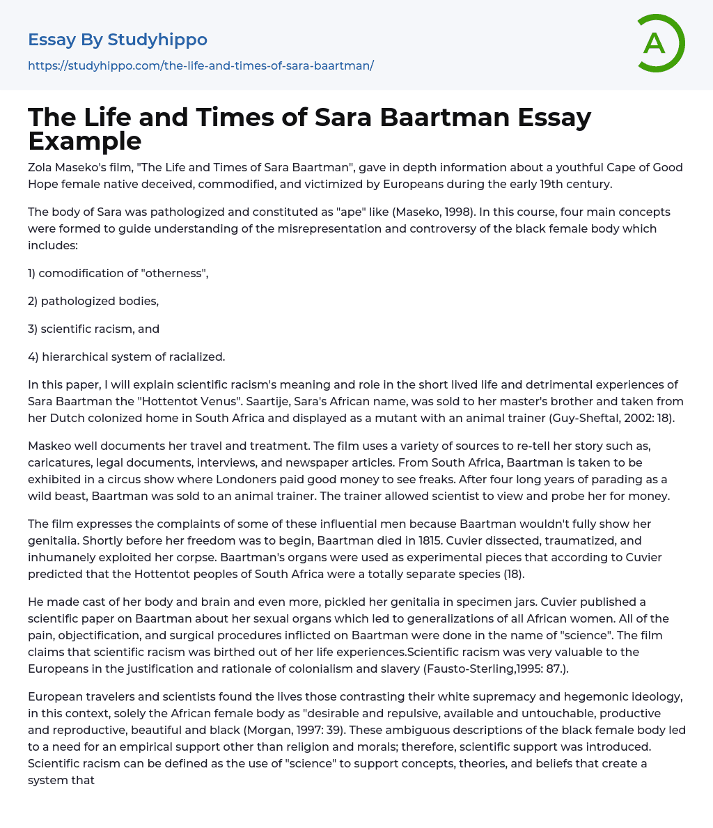 The Life and Times of Sara Baartman Essay Example