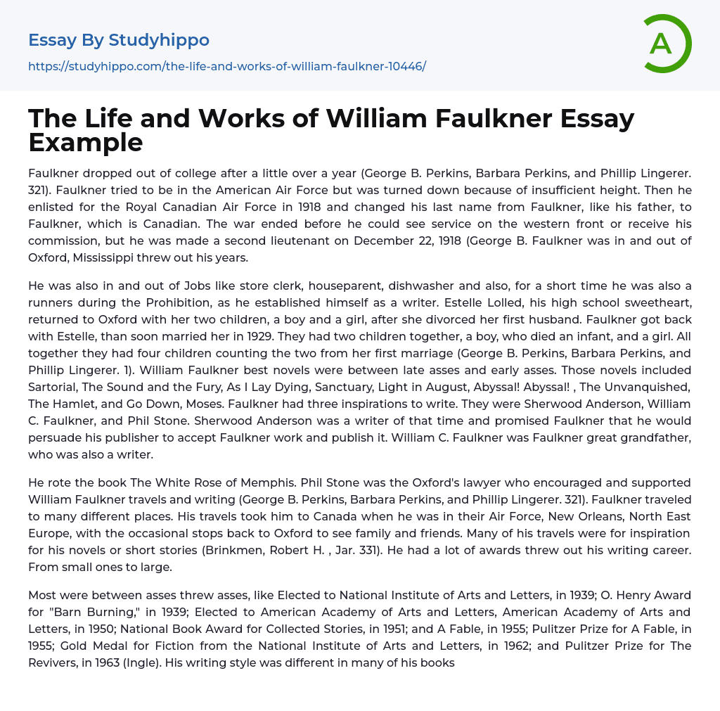 The Life and Works of William Faulkner Essay Example