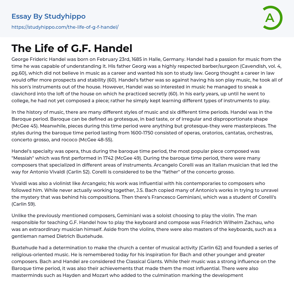 The Life of G.F. Handel Essay Example