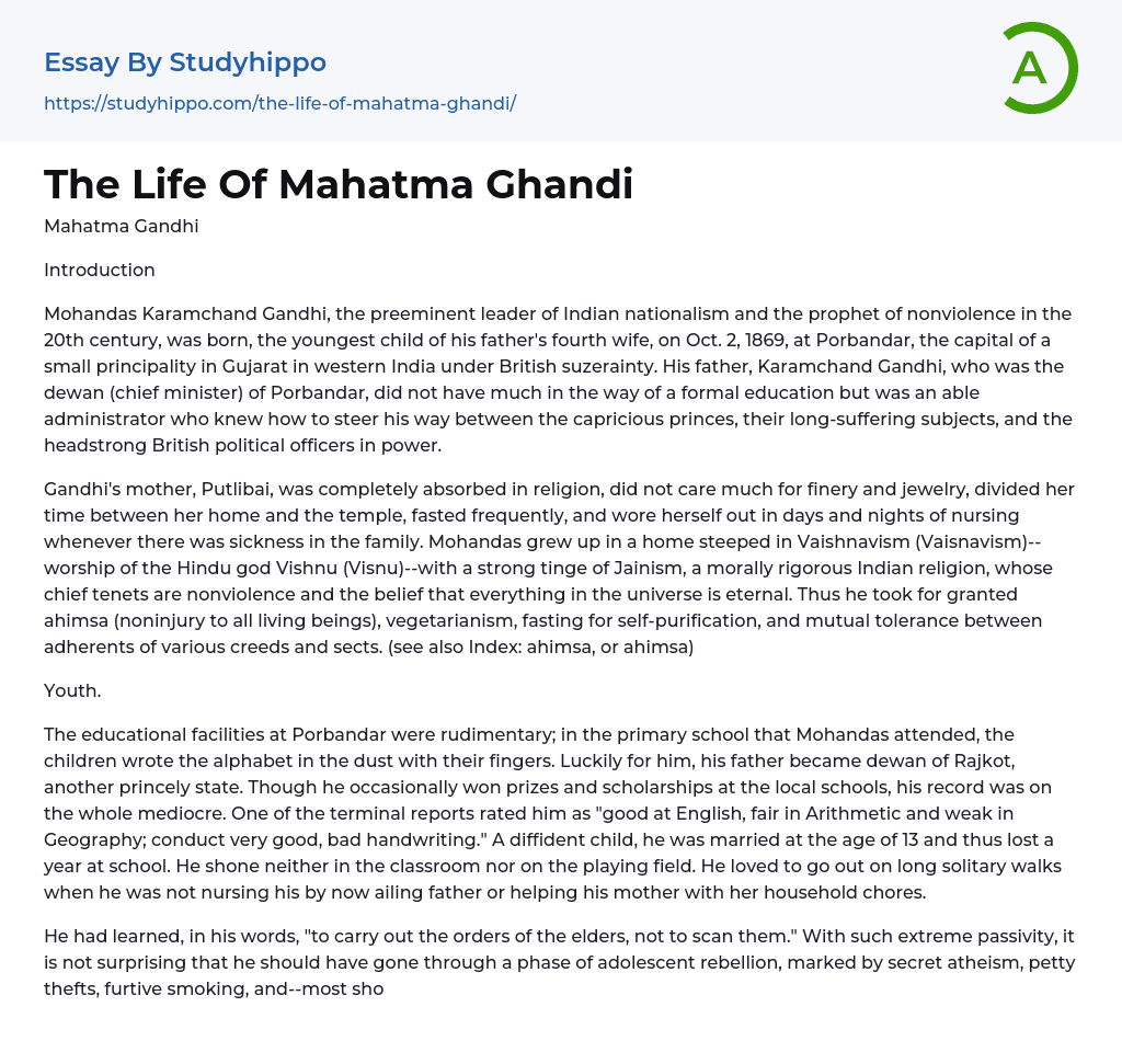 The Life Of Mahatma Ghandi Essay Example