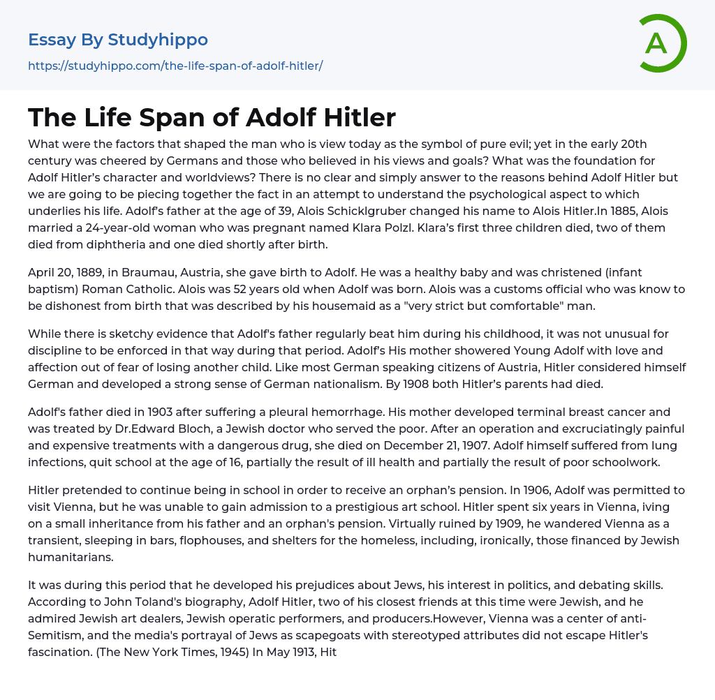 The Life Span of Adolf Hitler Essay Example