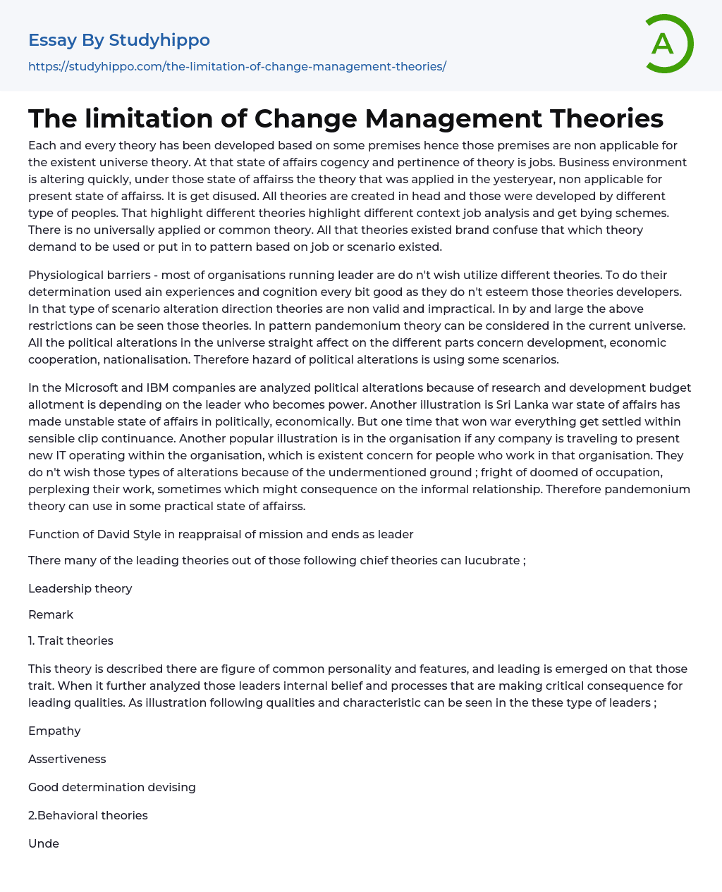 The limitation of Change Management Theories Essay Example