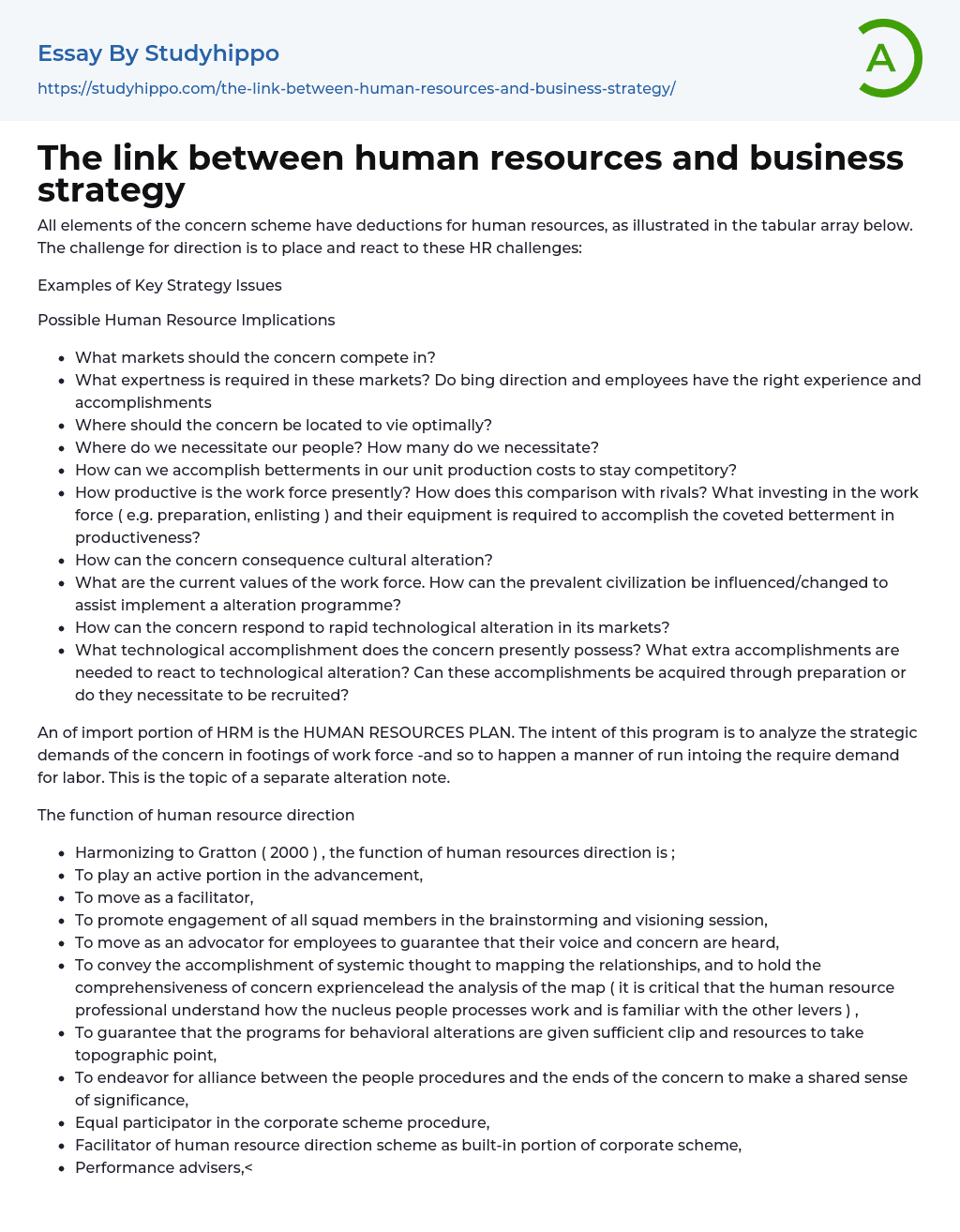 The link between human resources and business strategy Essay Example