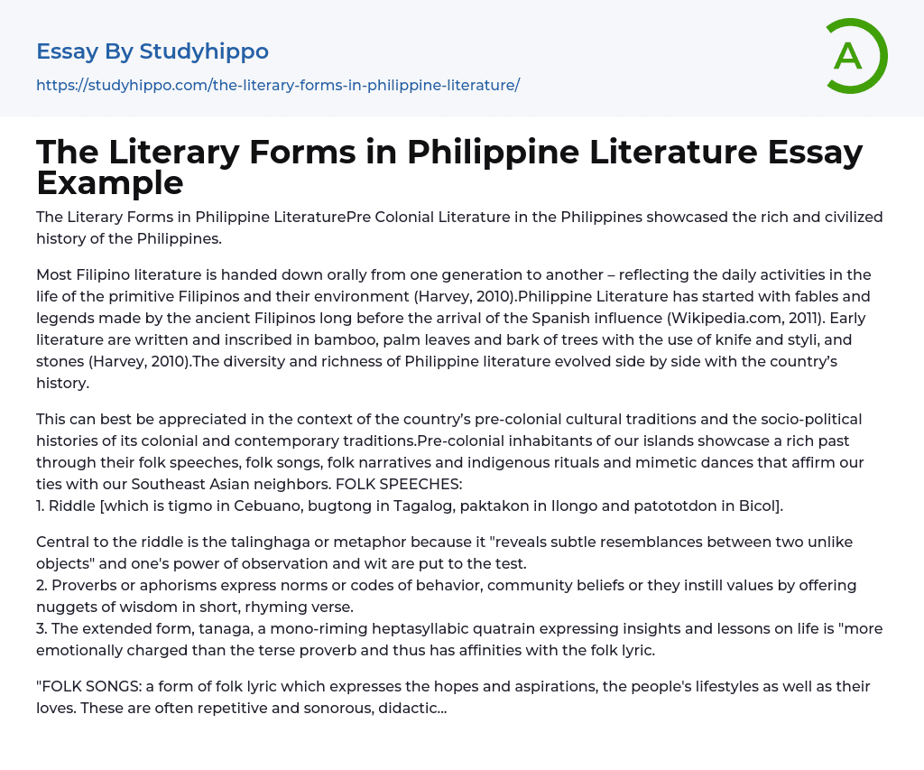 The Literary Forms in Philippine Literature Essay Example