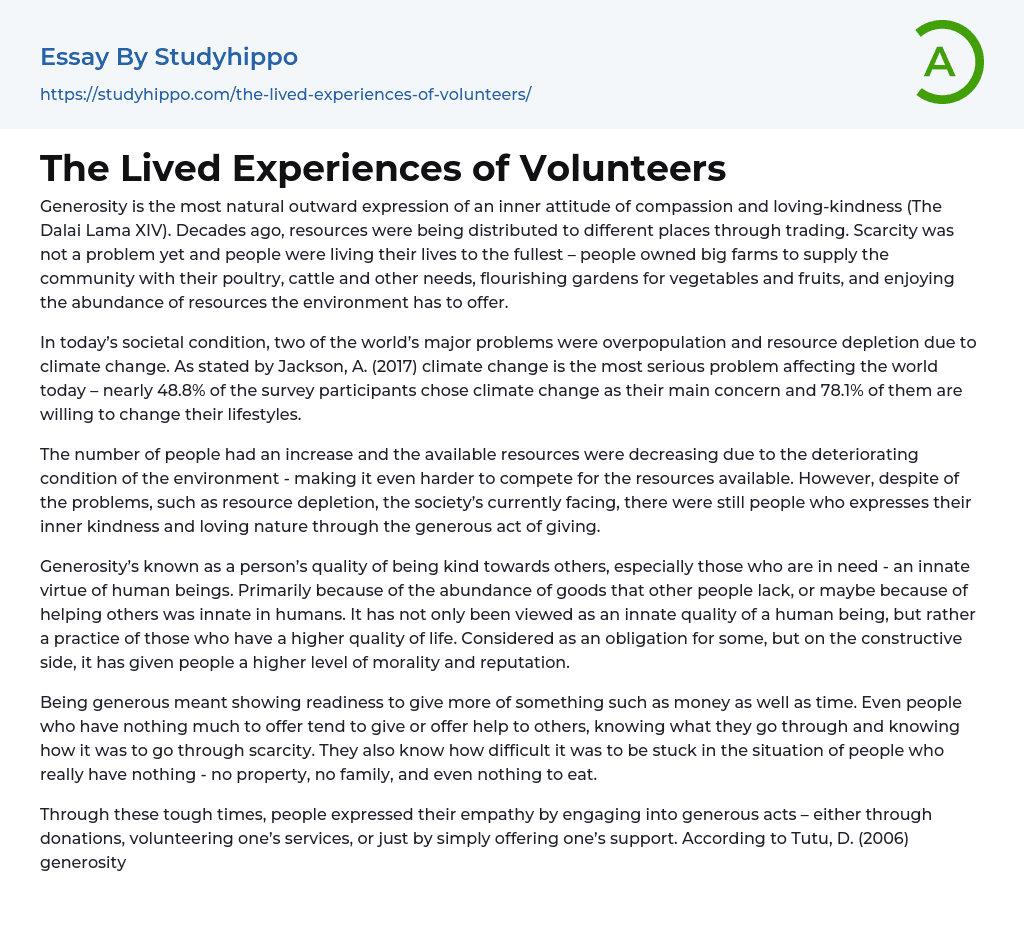 The Lived Experiences of Volunteers Essay Example