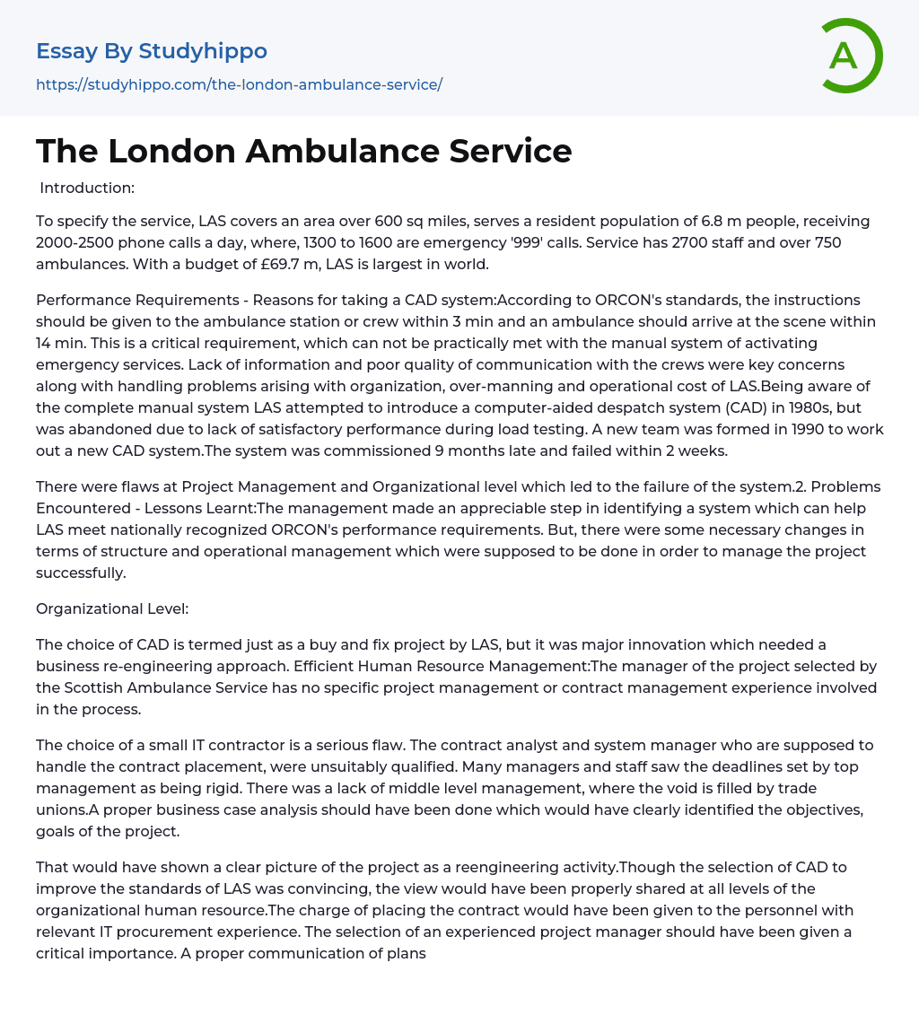 The London Ambulance Service Essay Example