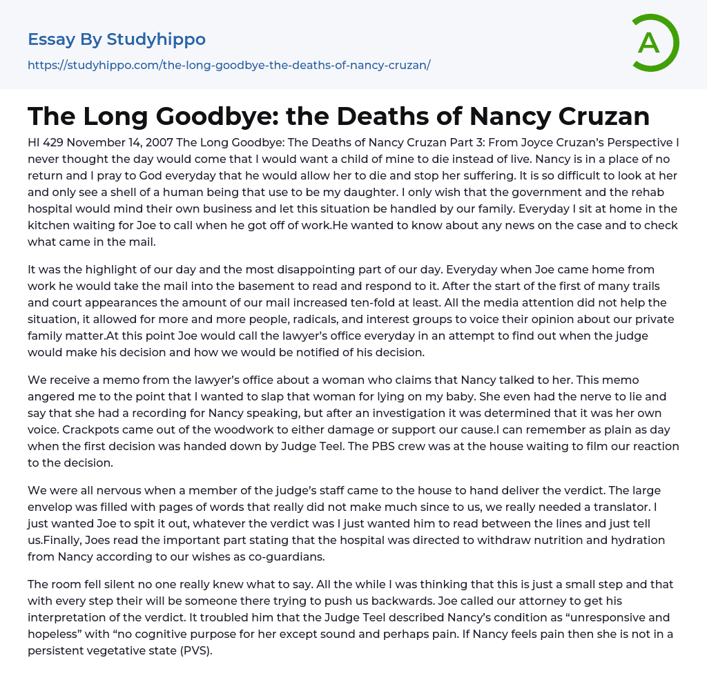 The Long Goodbye: the Deaths of Nancy Cruzan Essay Example