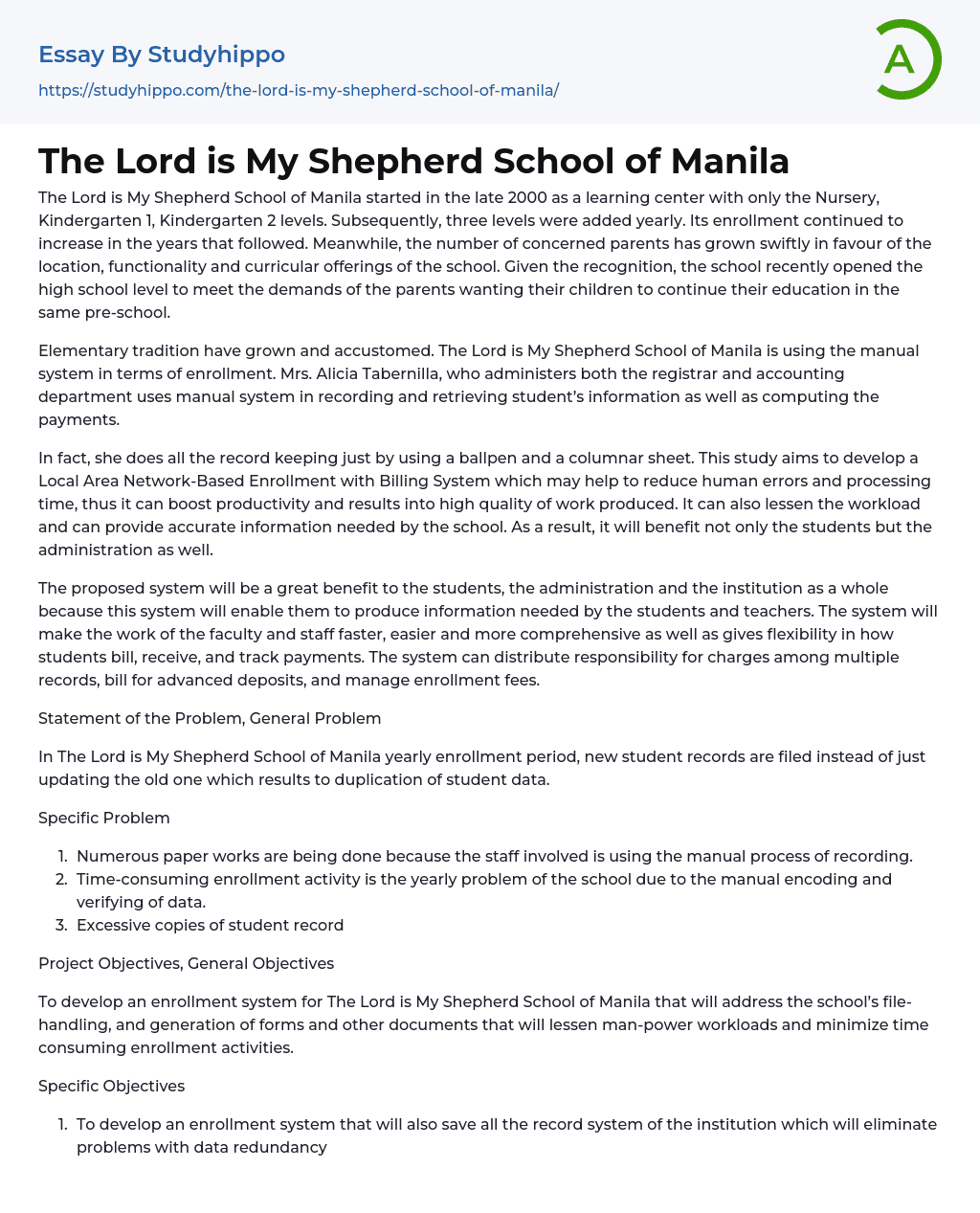 The Lord is My Shepherd School of Manila Essay Example