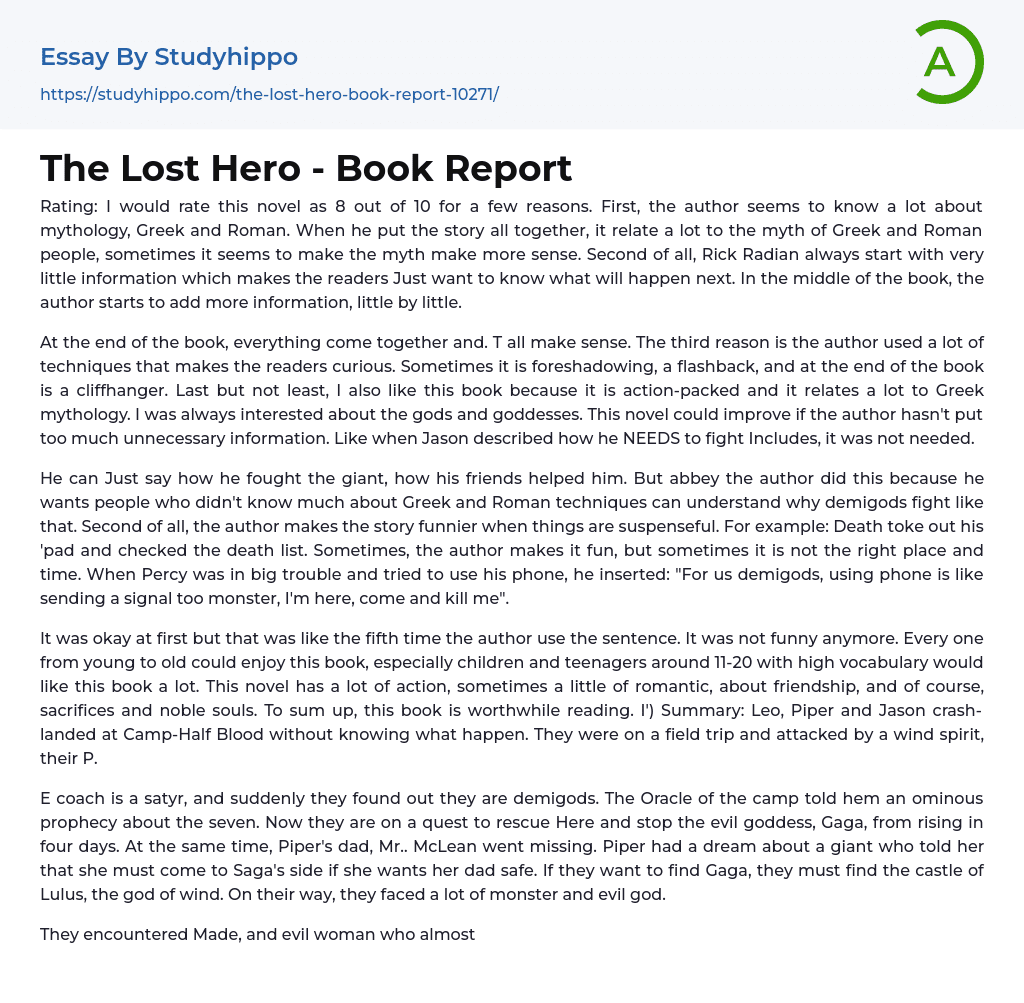 The Lost Hero – Book Report Essay Example