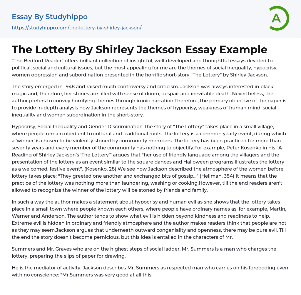The Lottery By Shirley Jackson Essay Example