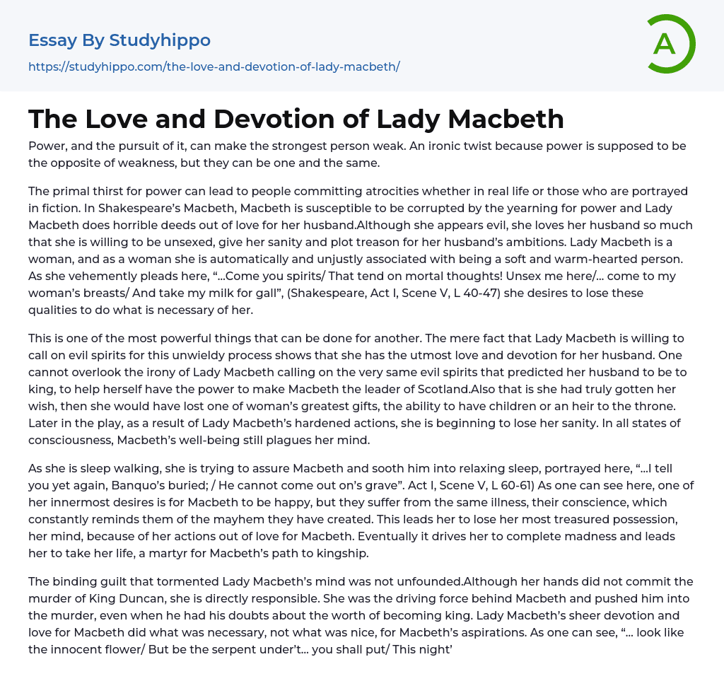 The Love and Devotion of Lady Macbeth Essay Example