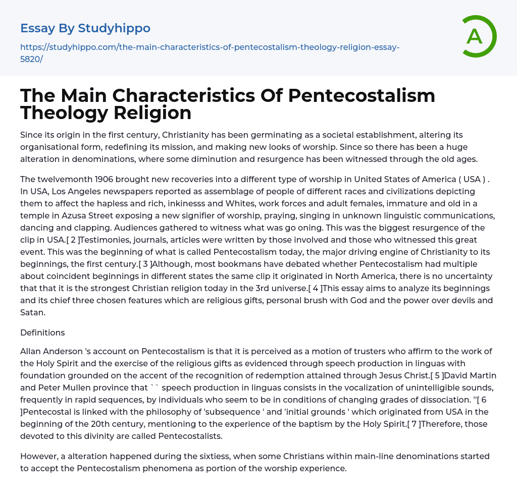 The Main Characteristics Of Pentecostalism Theology Religion Essay Example
