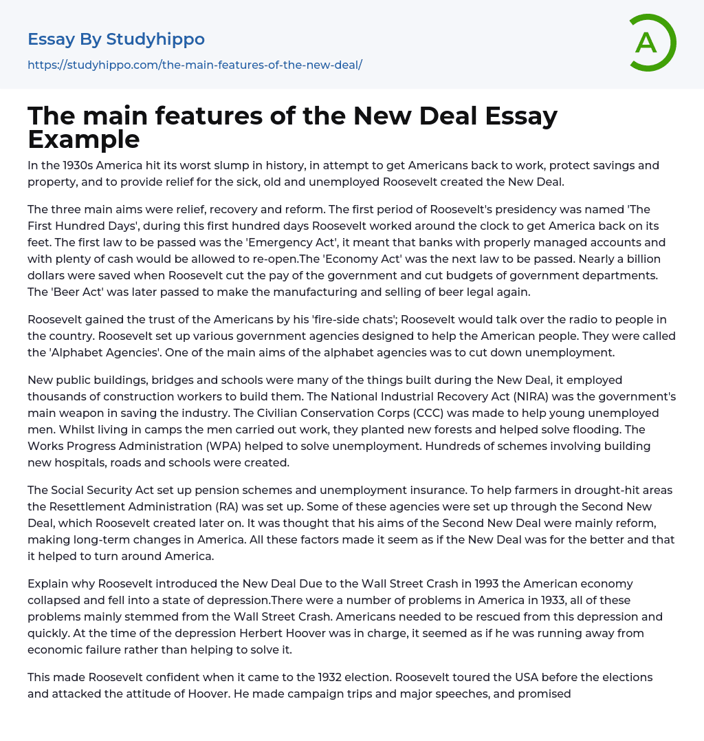 The main features of the New Deal Essay Example