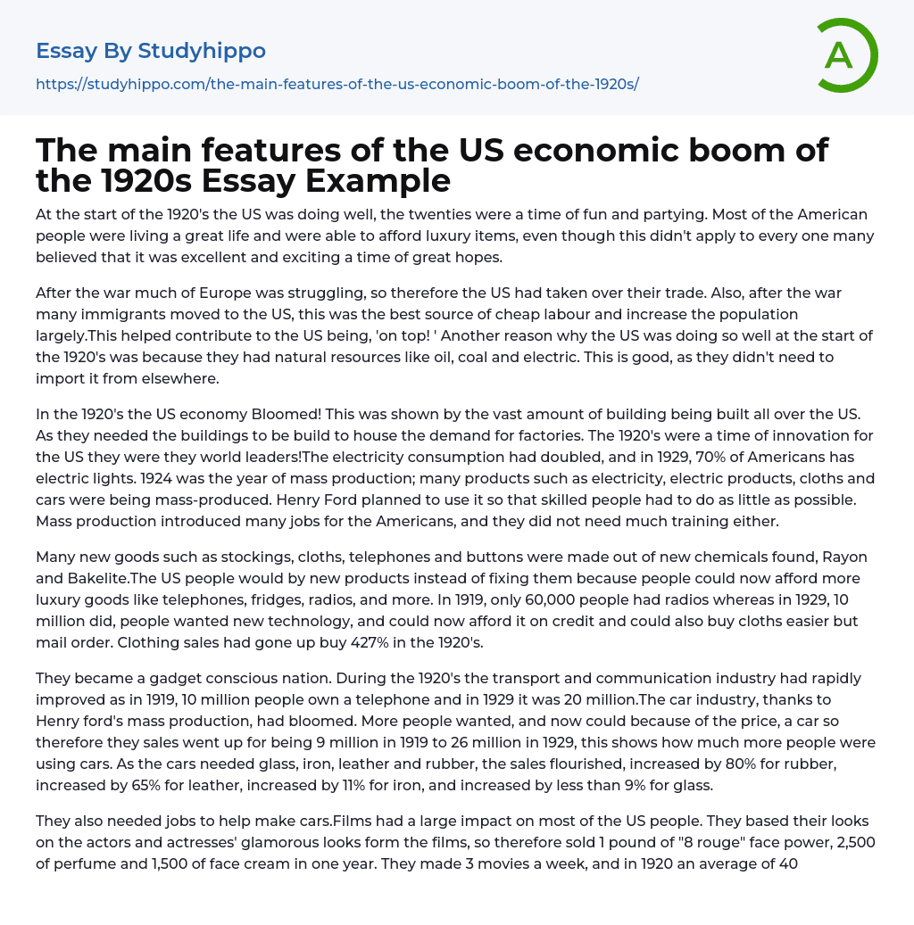 The main features of the US economic boom of the 1920s Essay Example