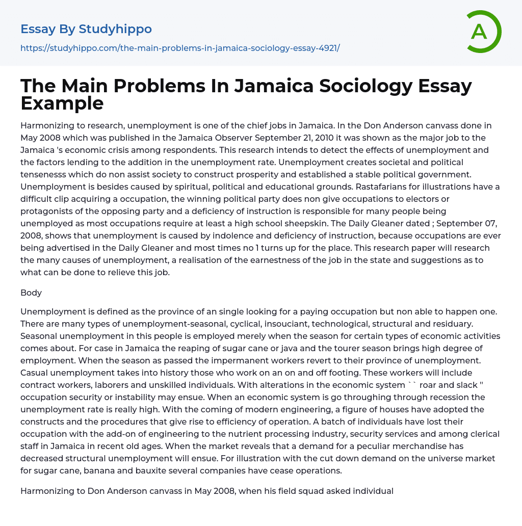 The Main Problems In Jamaica Sociology Essay Example