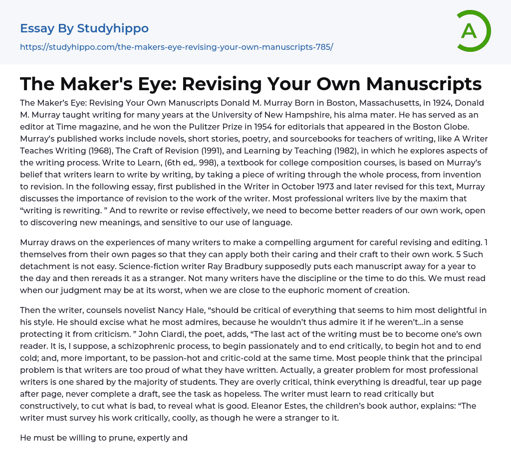 The Maker’s Eye: Revising Your Own Manuscripts Essay Example