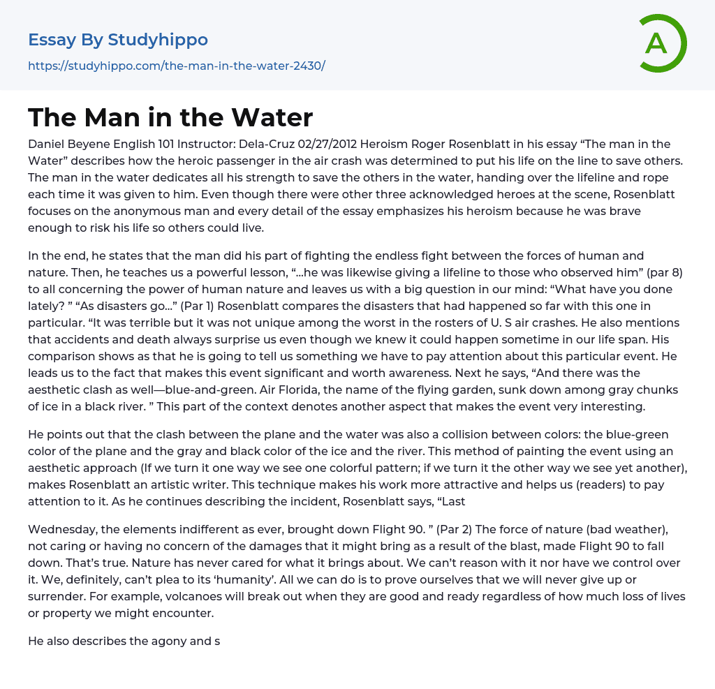 Roger Rosenblatt “The Man in the Water”: Heroism
