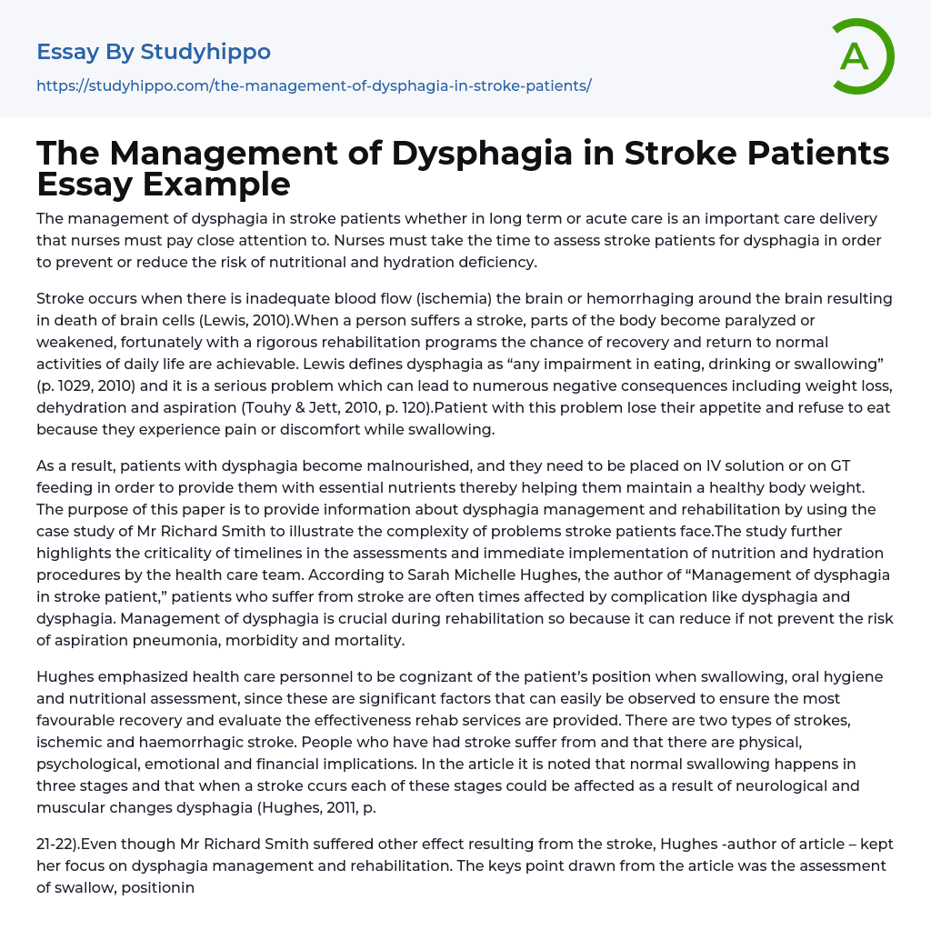 The Management of Dysphagia in Stroke Patients Essay Example