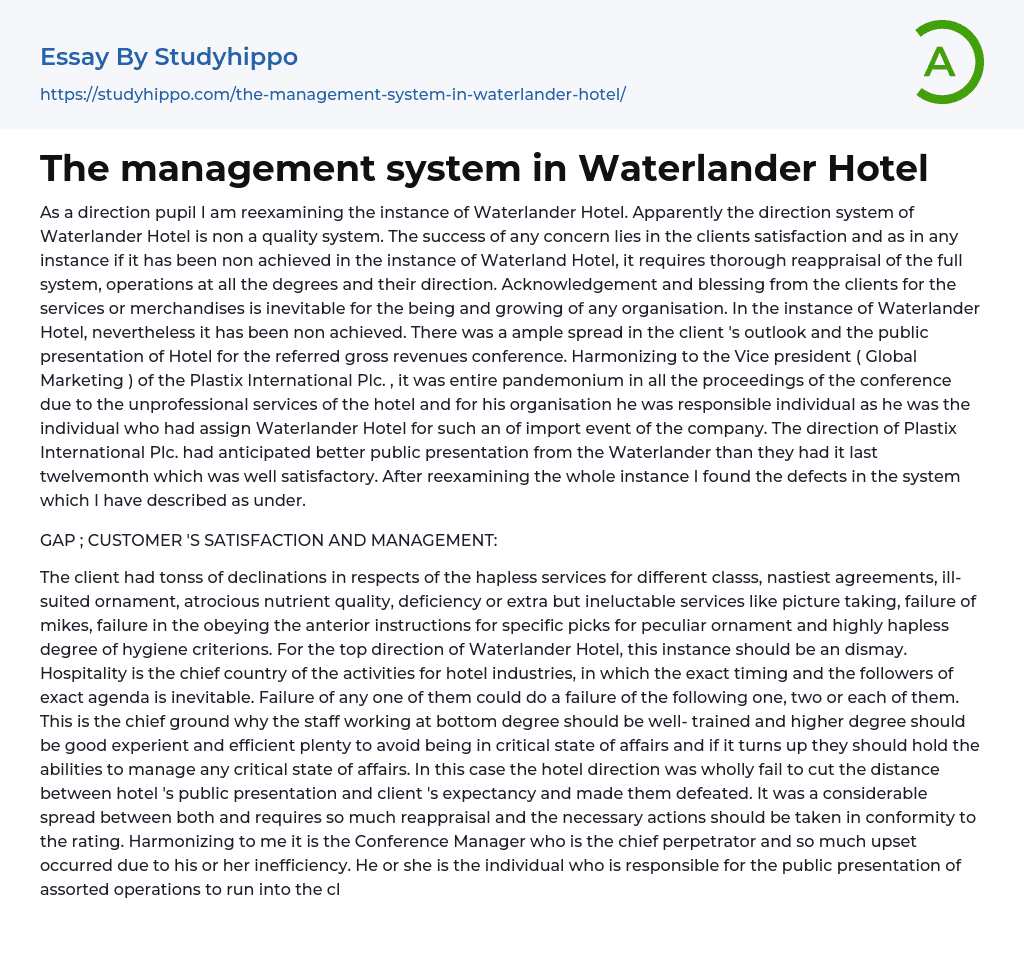 The management system in Waterlander Hotel Essay Example