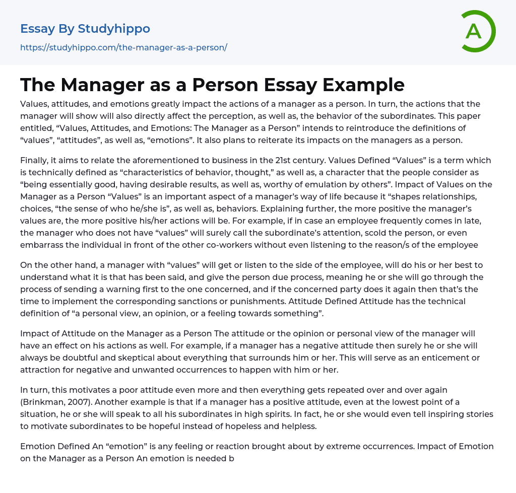 The Manager as a Person Essay Example
