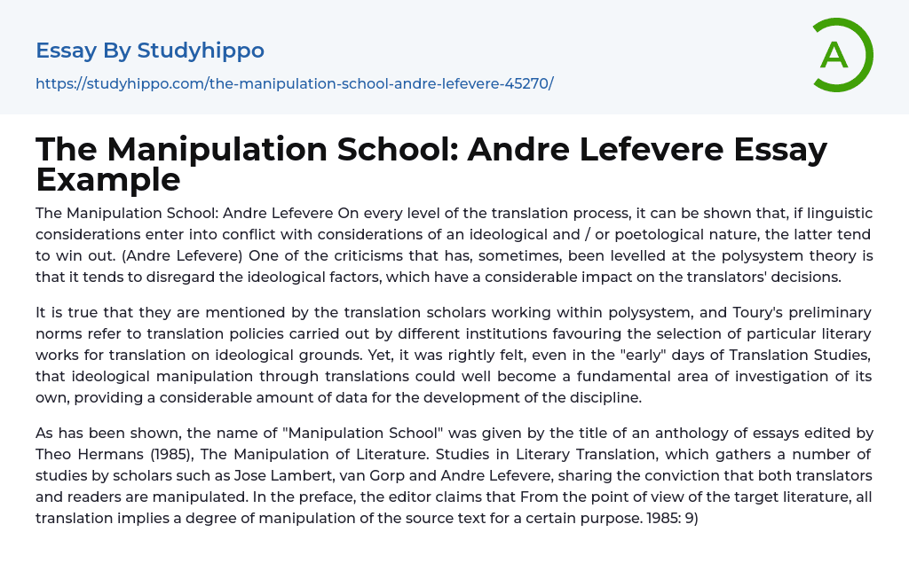 The Manipulation School: Andre Lefevere Essay Example