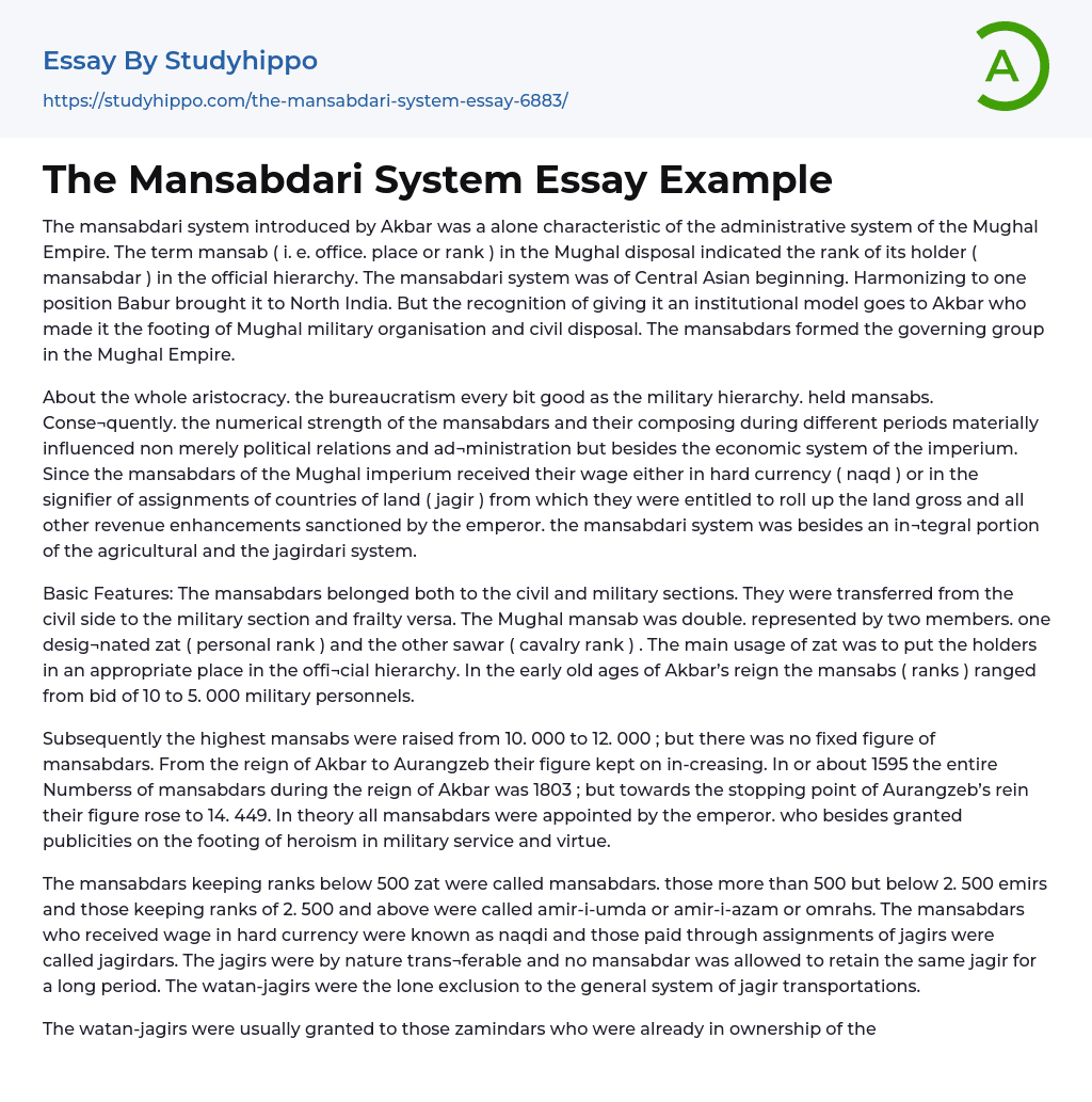 The Mansabdari System Essay Example