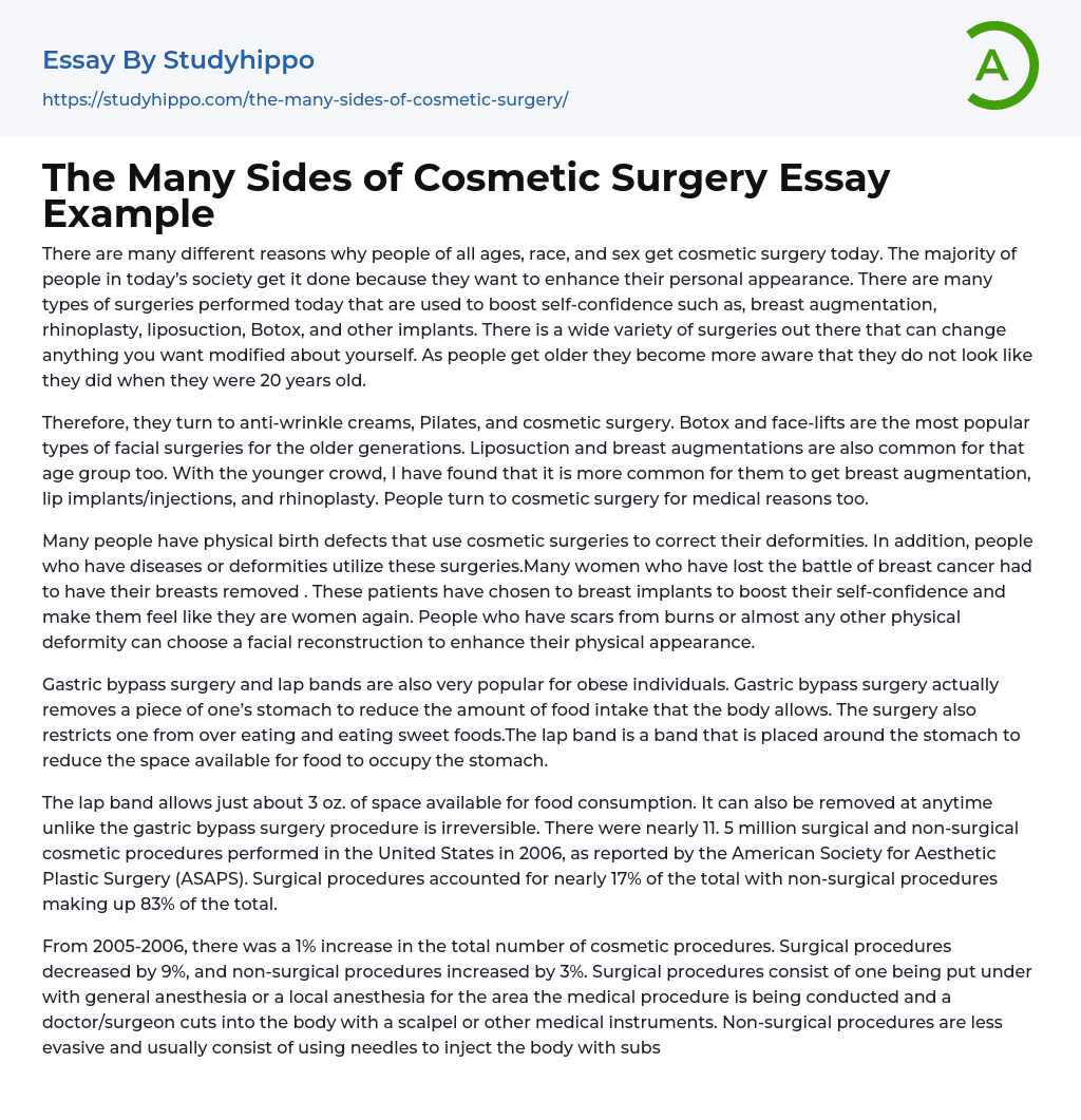 The Many Sides of Cosmetic Surgery Essay Example