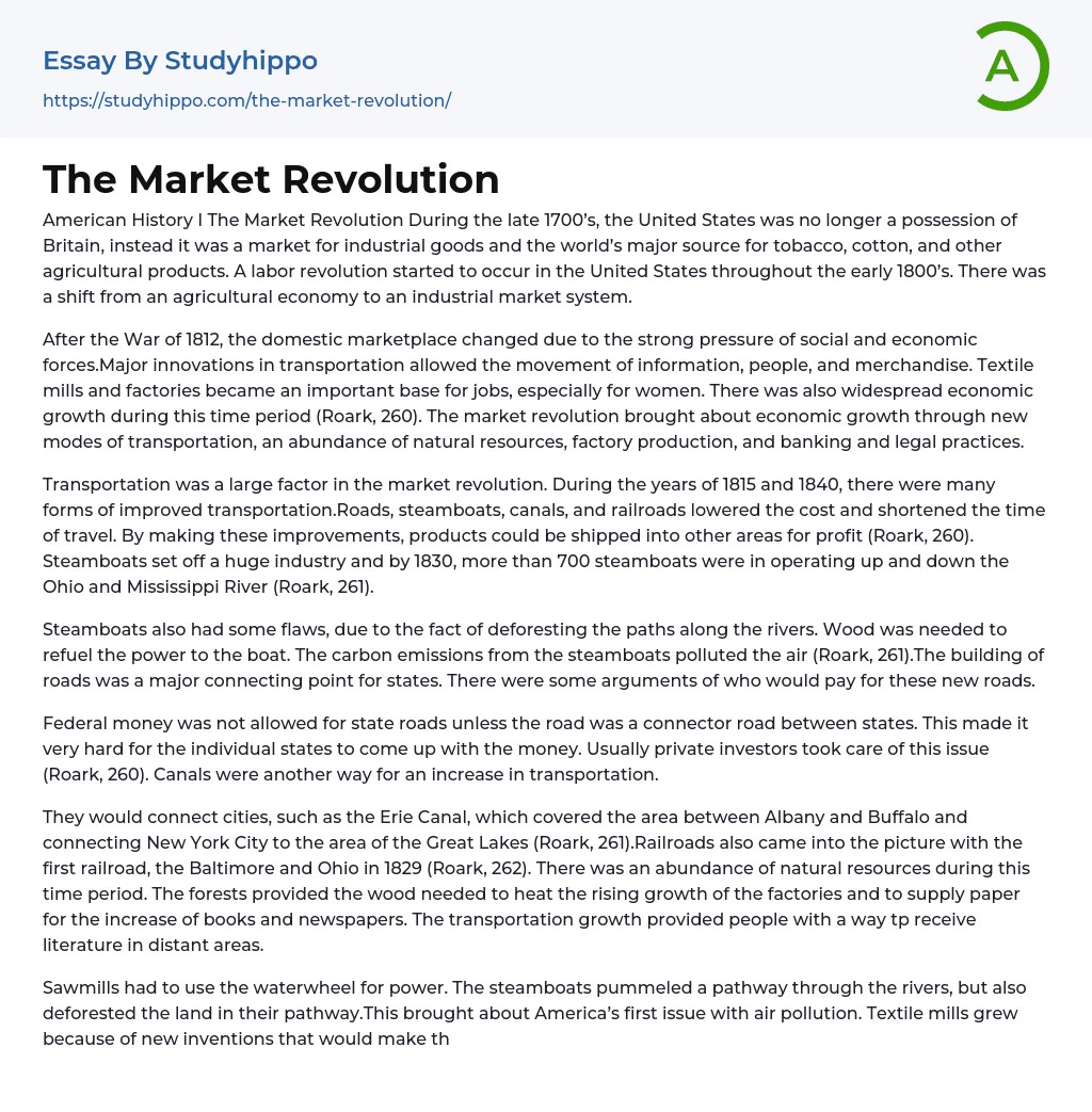 The Market Revolution Essay Example