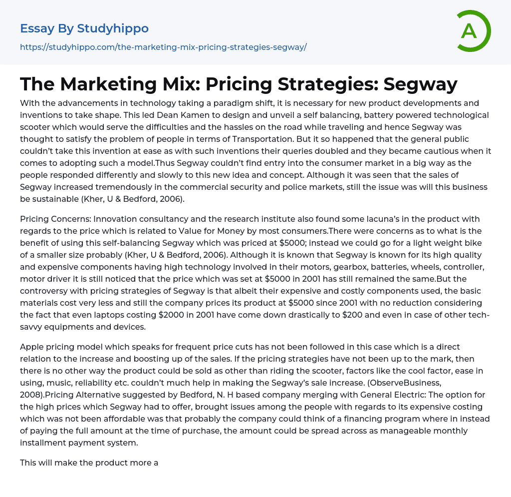 The Marketing Mix: Pricing Strategies: Segway Essay Example