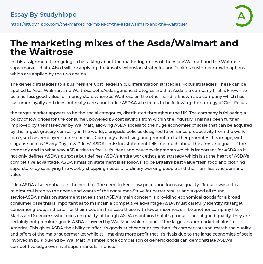 The marketing mixes of the Asda/Walmart and the Waitrose Essay Example