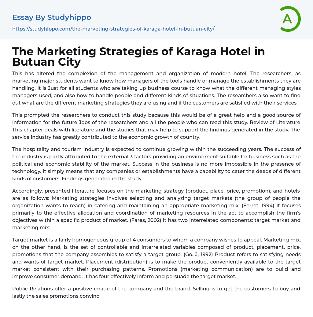 The Marketing Strategies of Karaga Hotel in Butuan City Essay Example