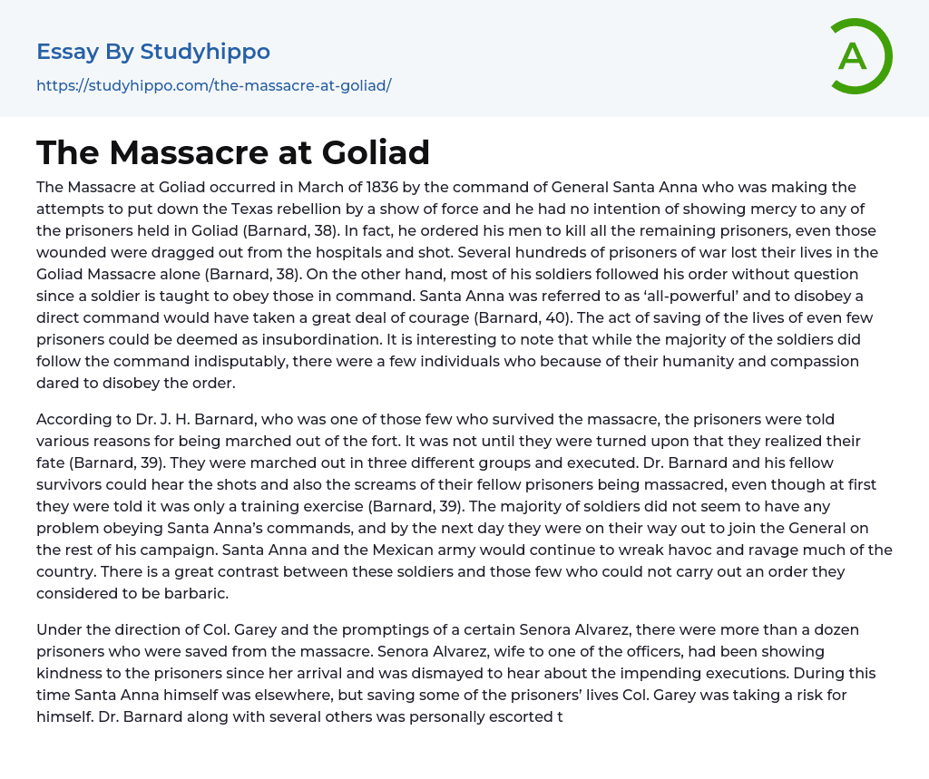 The Massacre at Goliad Essay Example
