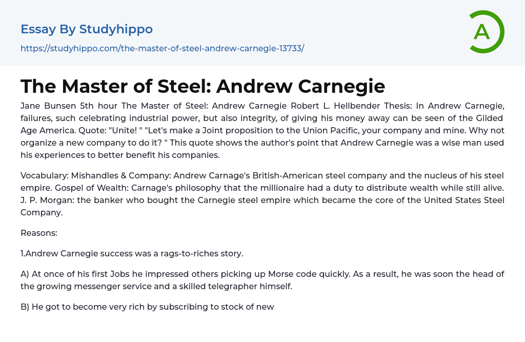 The Master of Steel: Andrew Carnegie Essay Example