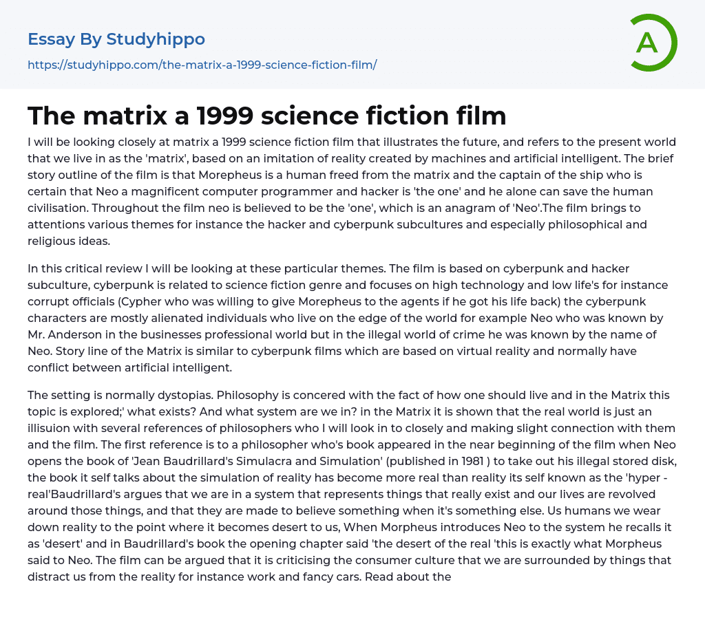 The matrix a 1999 science fiction film Essay Example