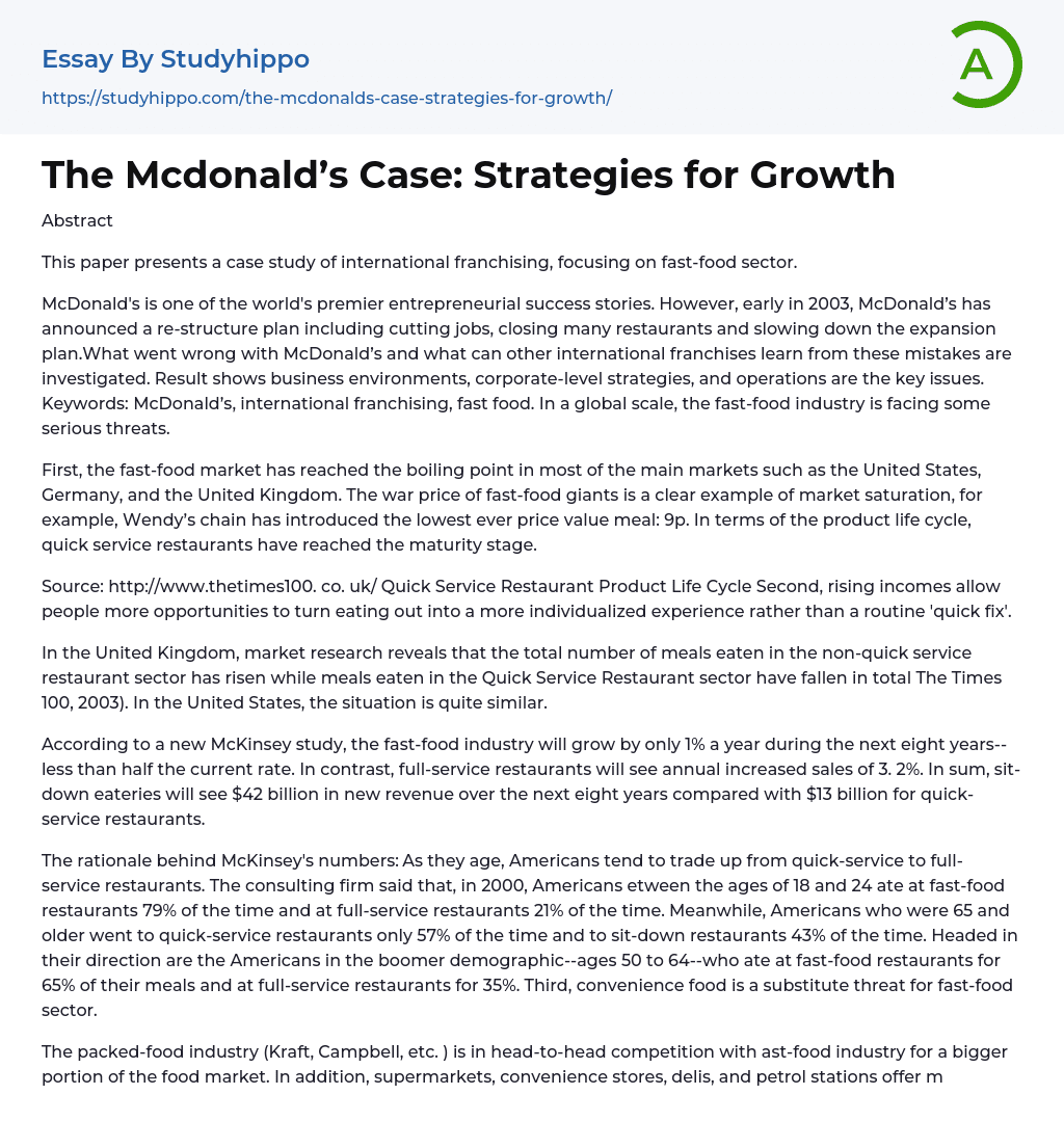 The Mcdonald’s Case: Strategies for Growth Essay Example