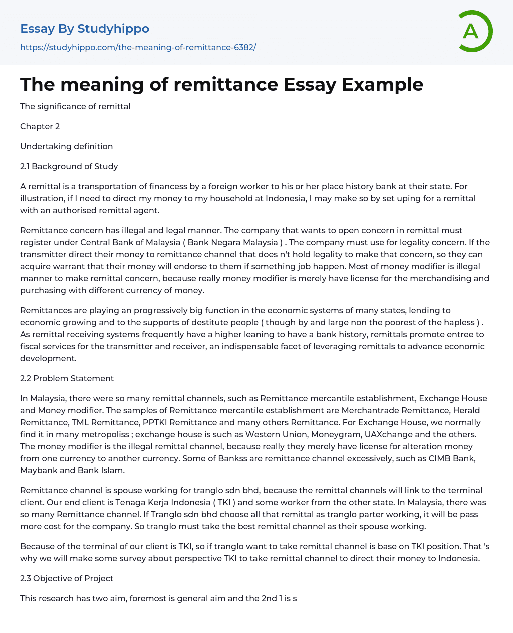 The Meaning of Remittance: Undertaking Definition Essay Example