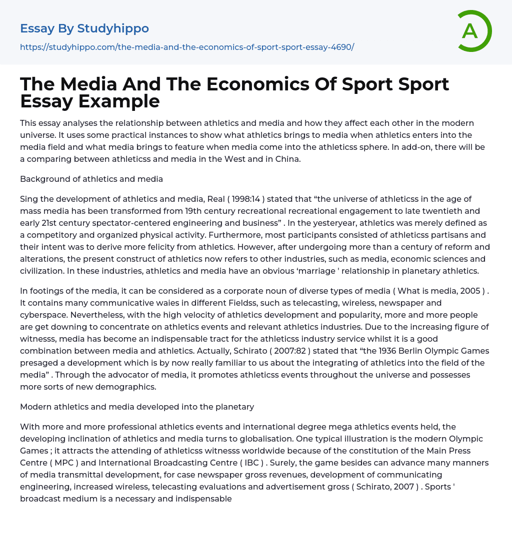 The Media And The Economics Of Sport Sport Essay Example
